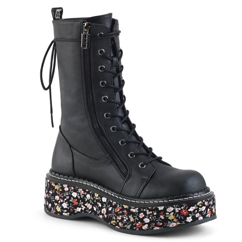 Black Demonia Emily-350 Vegan Leather-Floral Fabric Women's Knee-high Boots | 61GTIO