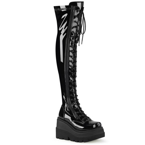 Black Demonia Shaker-374 Stretch Patent Women's Over-the-knee Boots | 34ATNQ