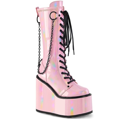 Pink Demonia Swing-150 Holographic Stretch Patent Women's Ankle Boots | 87ZJWU