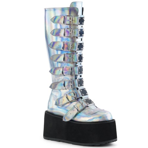 Silver Demonia Damned-318 Hologram Vegan Leather Women's Knee-high Boots | 86WJEL