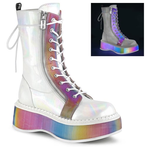 White Demonia Emily-350 Brushed Hologram Vegan Leather-Rainbow Reflective Women's Knee-high Boots | 37VLCF