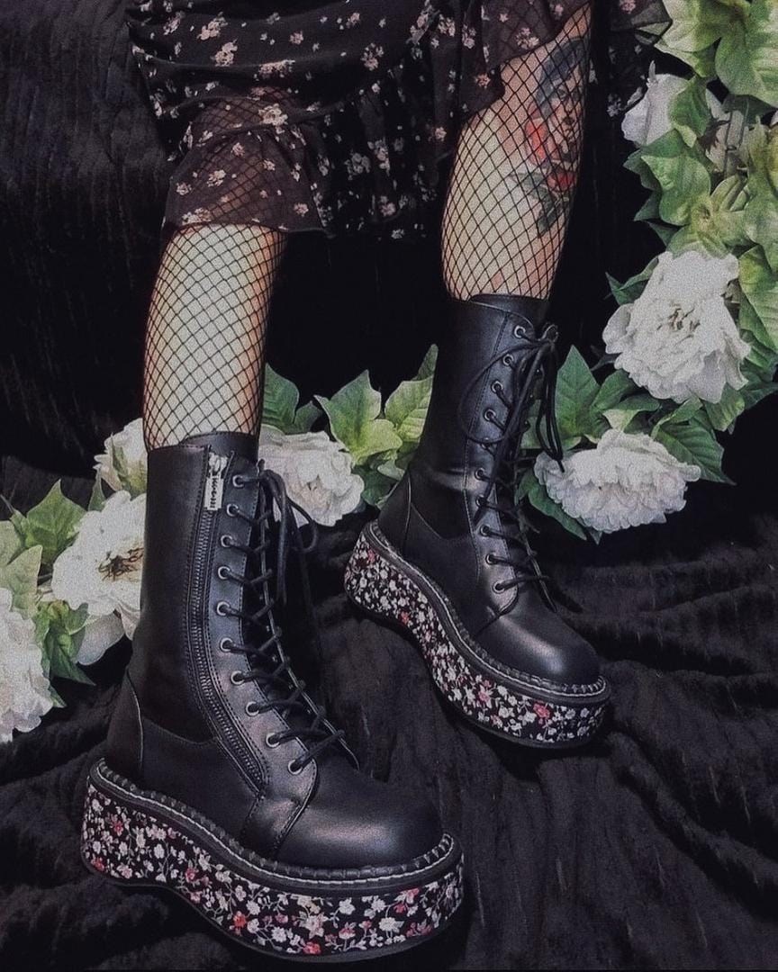 Black Demonia Emily-350 Vegan Leather-Floral Fabric Women's Knee-high Boots | 61GTIO