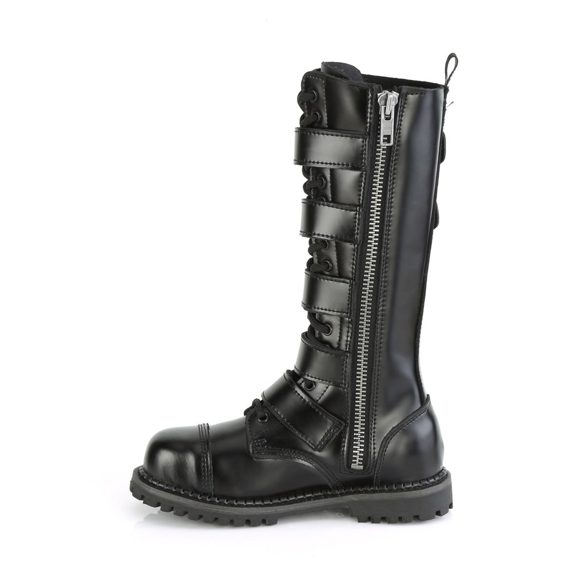 Black Demonia Riot-18BK Leather Men's Combat Boots | 62BOSE