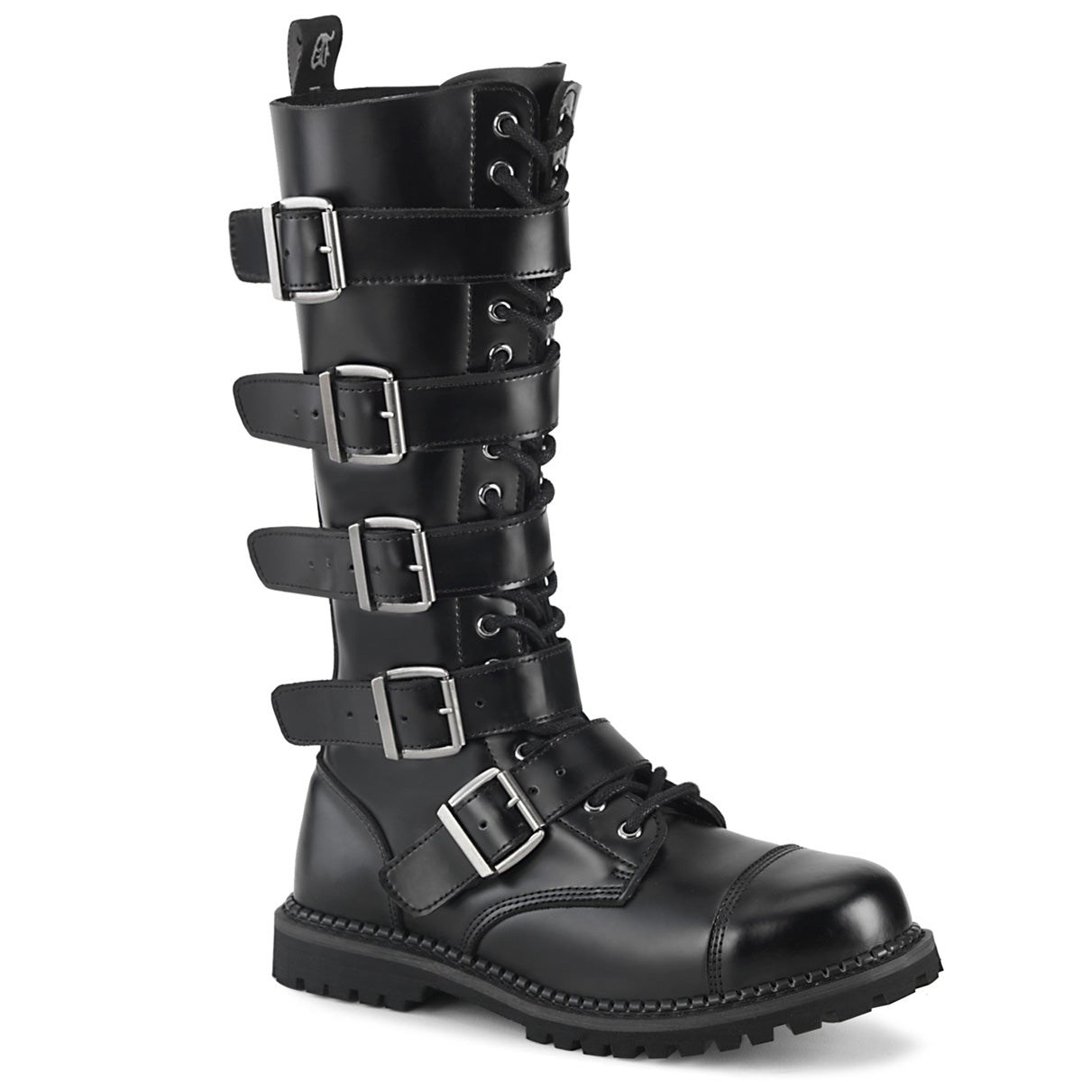 Black Demonia Riot-18BK Leather Men\'s Combat Boots | 62BOSE