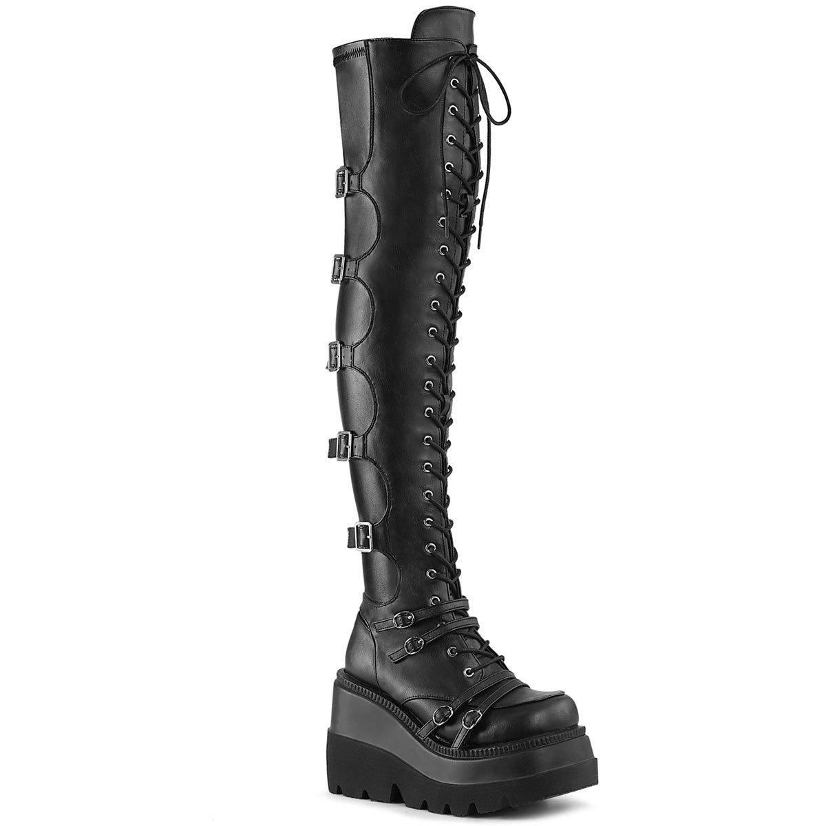 Black Demonia Shaker-350 Vegan Leather-Stretch Women\'s Over-the-knee Boots | 65ZIDF