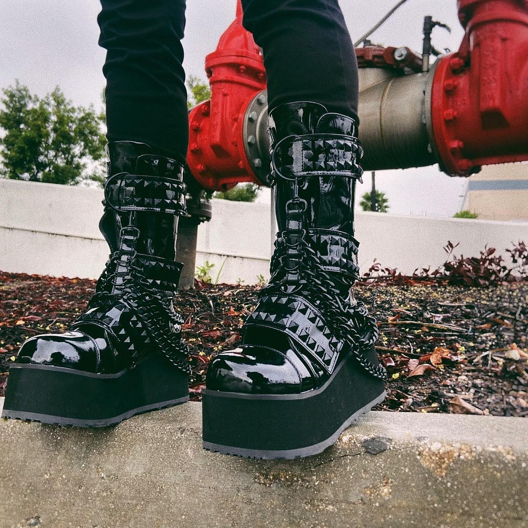 Black Demonia Trashville-138 Patent Men's Ankle Boots | 46ODEB