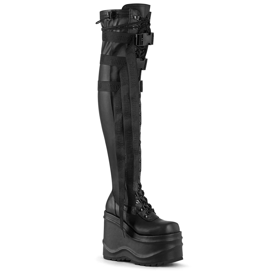 Black Demonia Wave-315 Stretch Vegan Leather Women\'s Over-the-knee Boots | 97DYGI