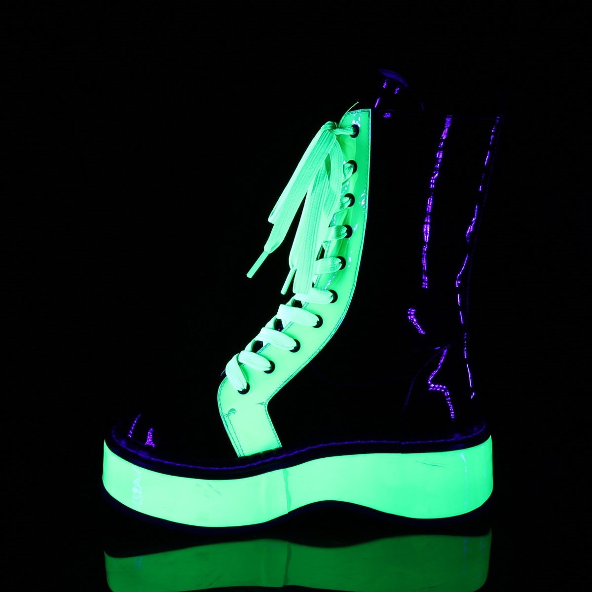 Black / Green Demonia Emily-350 UV Neon Women's Knee-high Boots | 74TWEF