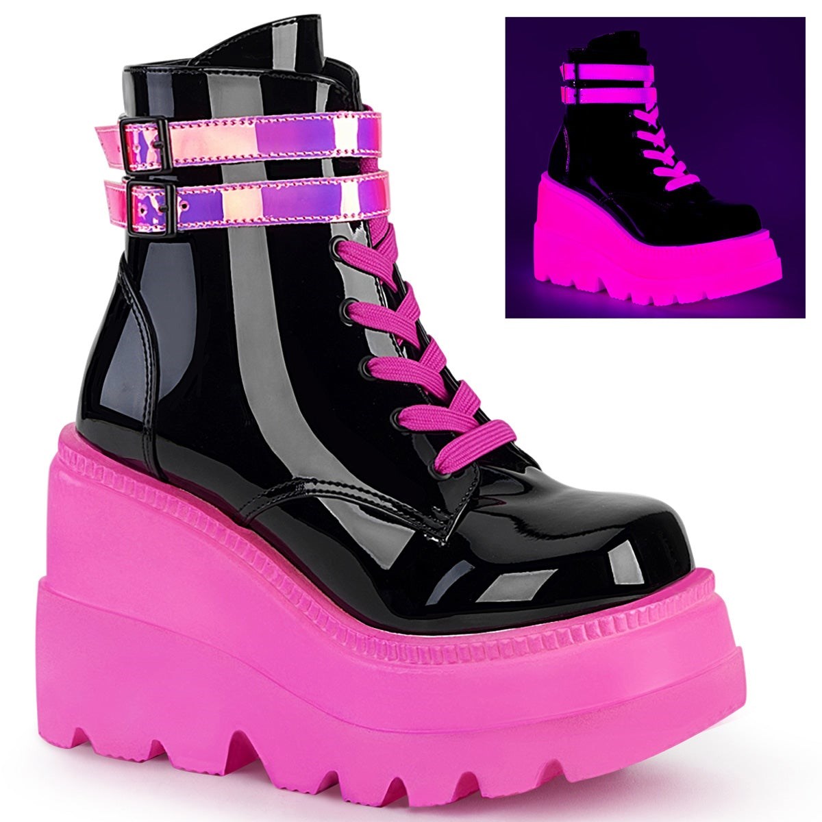 Black / Pink Demonia Shaker-52 Patent-UV Neon Women\'s Ankle Boots | 18QFPB