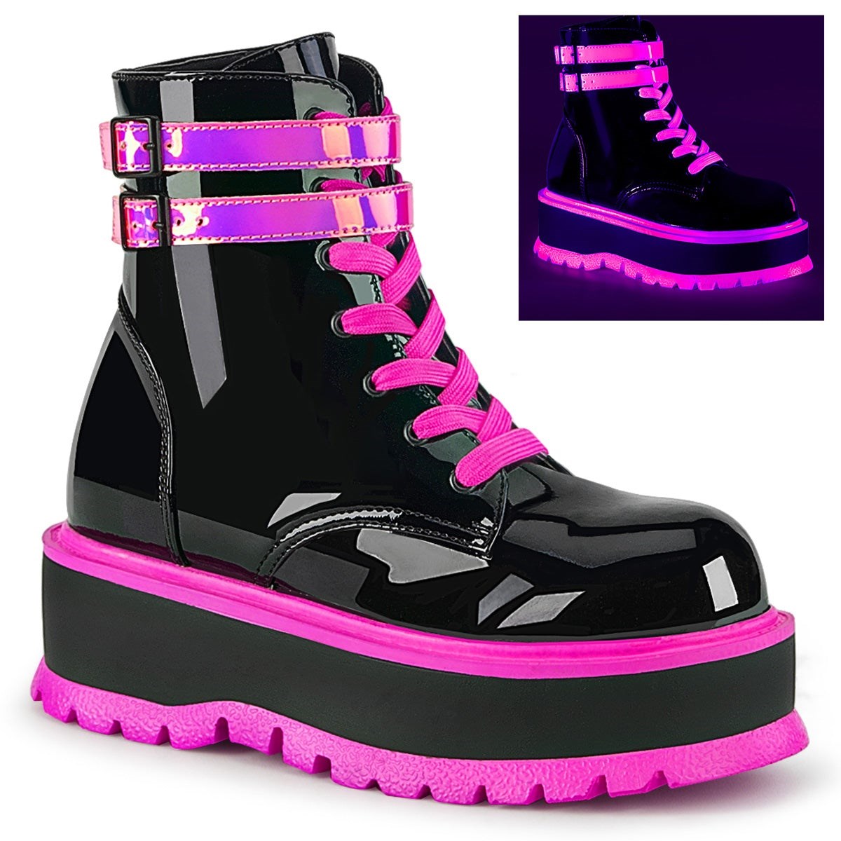 Black / Pink Demonia Slacker-52 UV Iridescent Women\'s Ankle Boots | 40MGWE