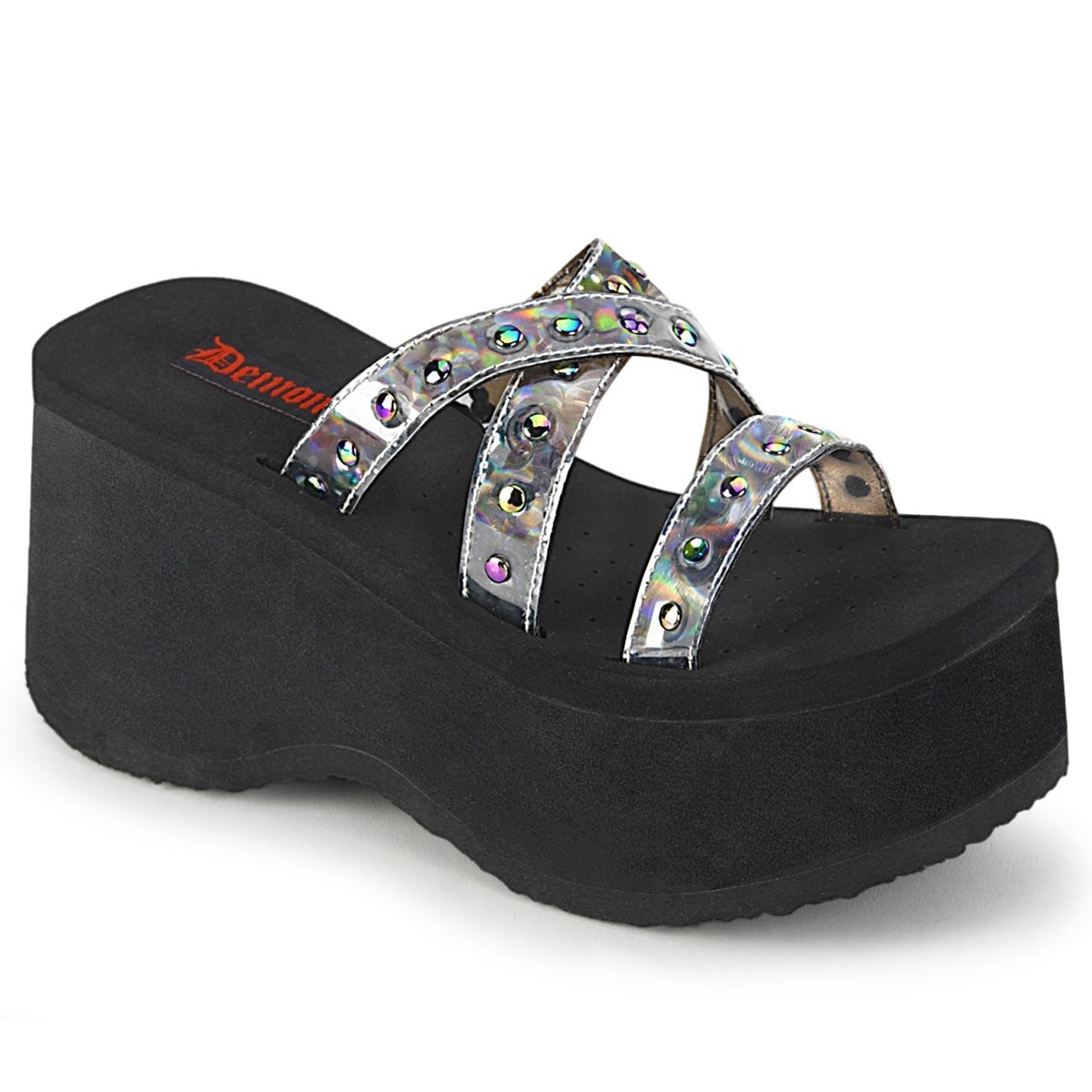 Black / Silver Demonia Funn-19 Oil Flick Hologram Women\'s Sandals | 82JTLC