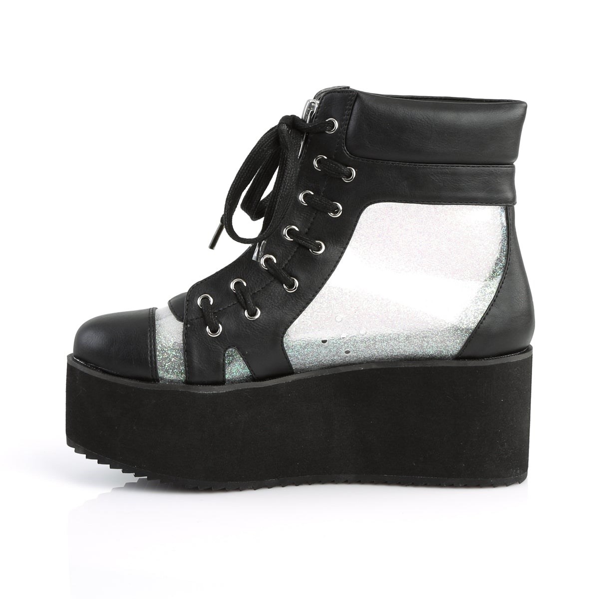 Black / Silver Demonia Grip-102 Vegan Hologram TFaux Leather Women's Ankle Boots | 59YMJN