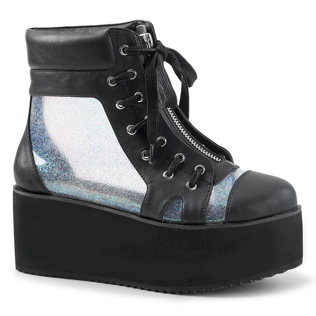 Black / Silver Demonia Grip-102 Vegan Hologram TFaux Leather Women\'s Ankle Boots | 59YMJN