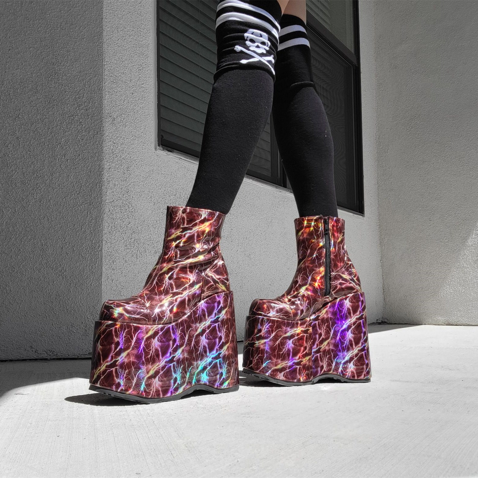 Burgundy Demonia Slay-204LBH Hologram Women's Ankle Boots | 39HLWN