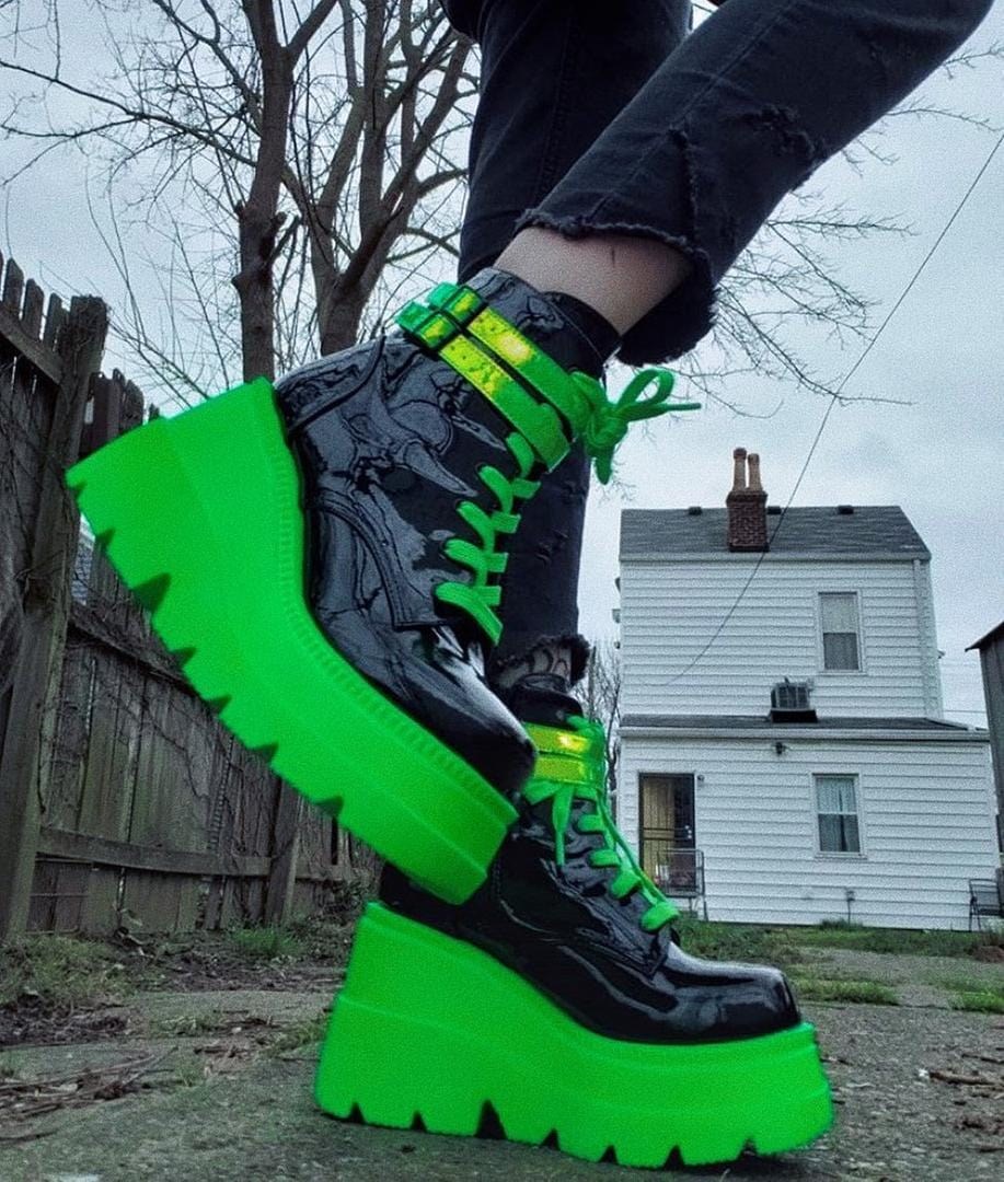 Green / Black Demonia Shaker-52 Patent-UV Neon Women's Ankle Boots | 36LVGQ