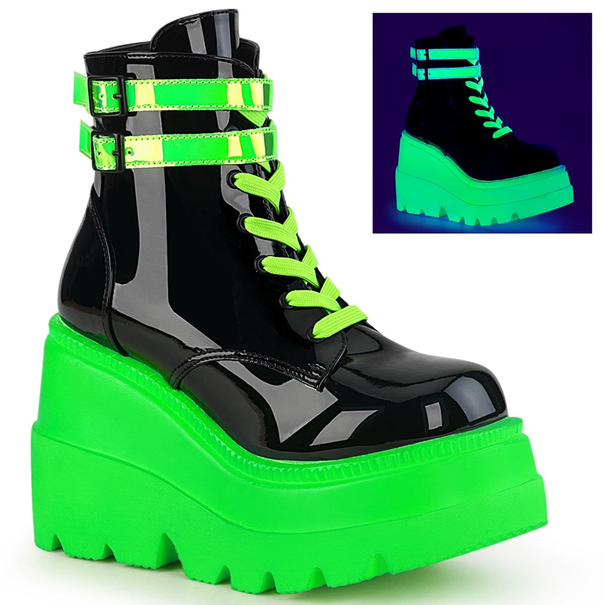 Green / Black Demonia Shaker-52 Patent-UV Neon Women\'s Ankle Boots | 36LVGQ