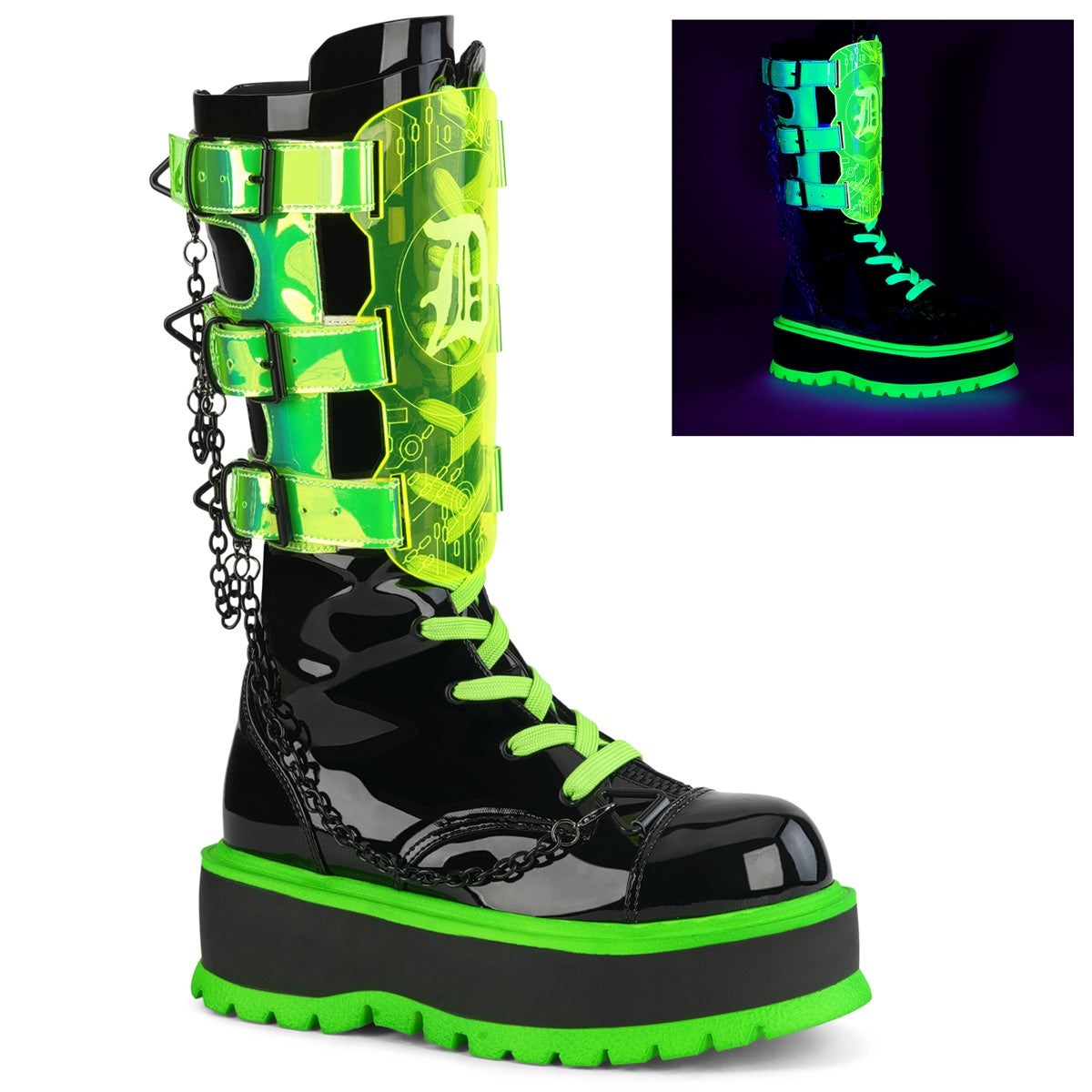 Green / Black Demonia Slacker-156 Patent-UV Neon Women\'s Ankle Boots | 64QMWE