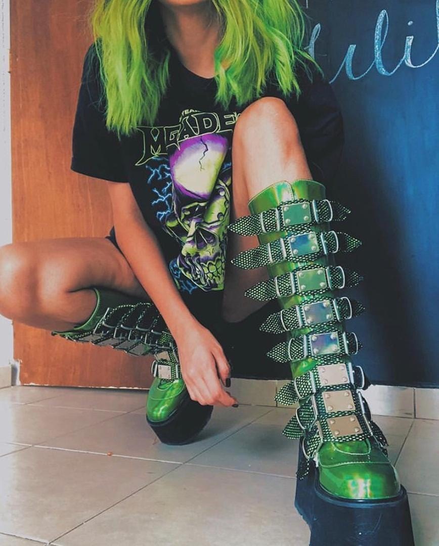 Green Demonia Damned-318 Hologram Vegan Leather Women's Knee-high Boots | 61ABWJ