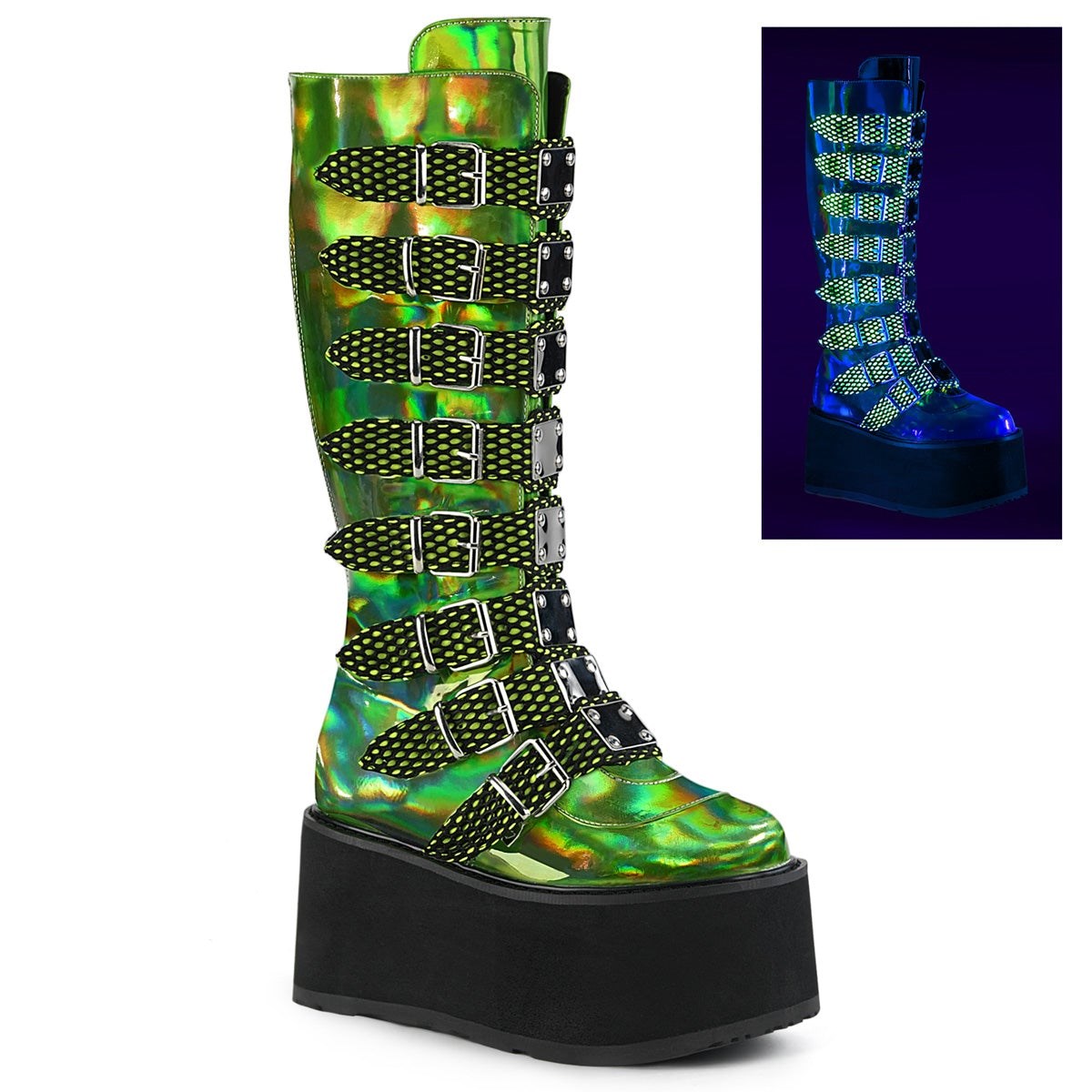 Green Demonia Damned-318 Hologram Vegan Leather Women\'s Knee-high Boots | 61ABWJ