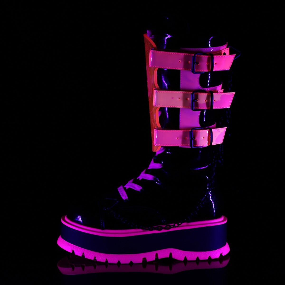 Pink / Black Demonia Slacker-156 Patent-UV Neon Women's Ankle Boots | 75MCFW