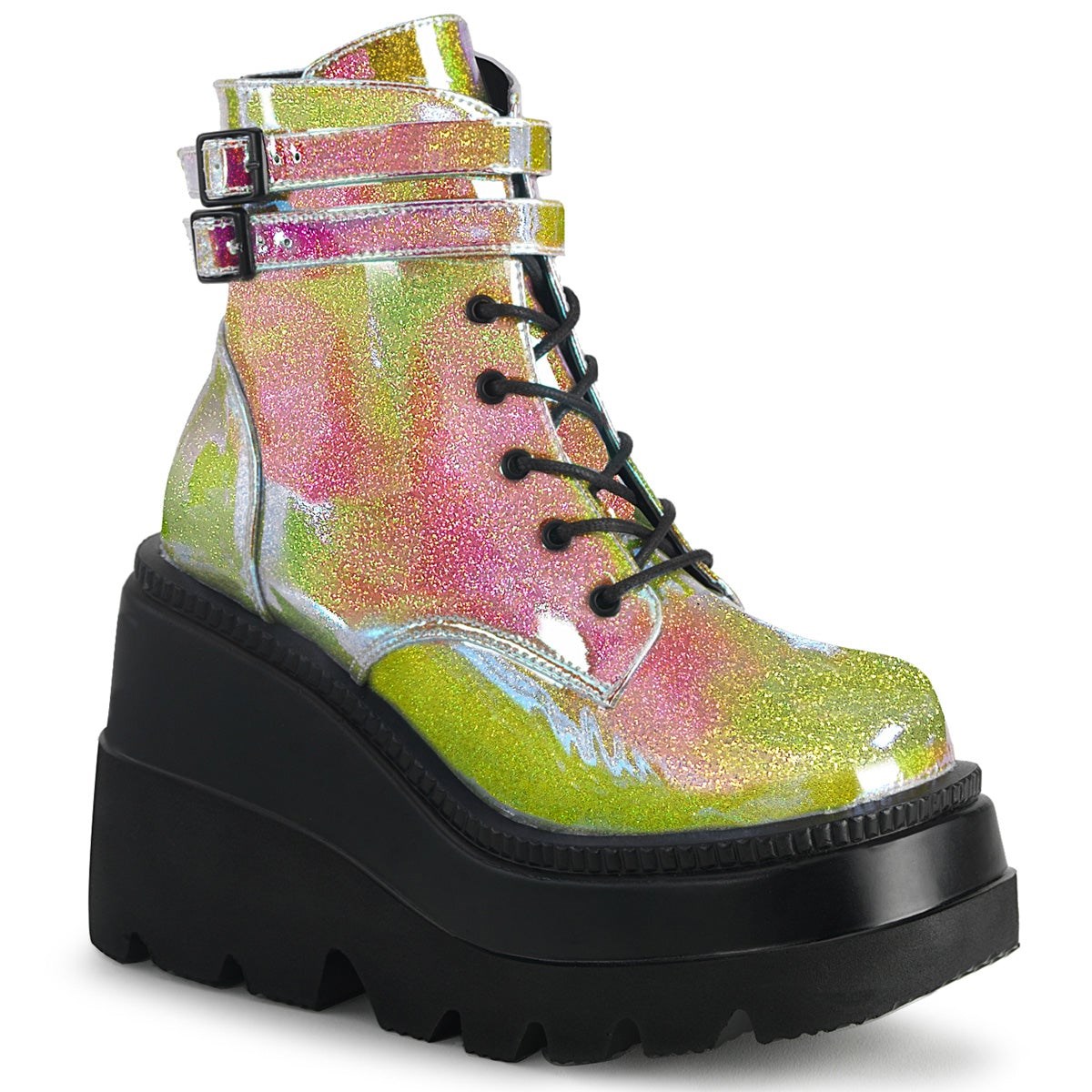 Pink / Green Demonia Shaker-52 Shifting Glitter Vegan Leather Women\'s Ankle Boots | 43NWFS