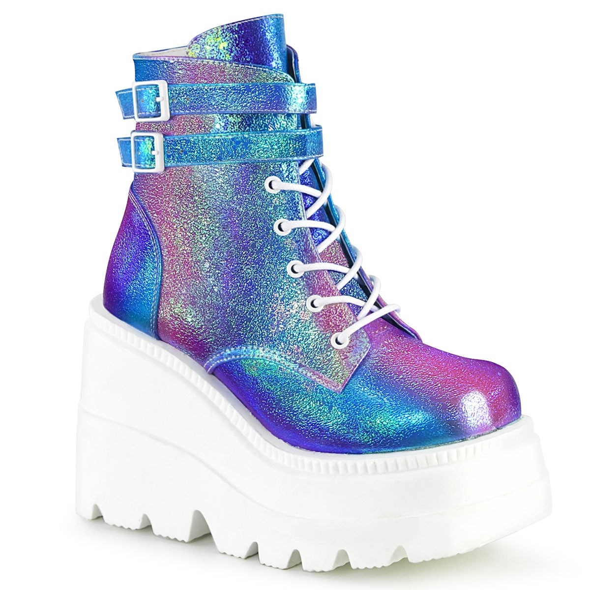 Purple / Blue Demonia Shaker-52 Iridescent Vegan Leather Women\'s Ankle Boots | 06QWOI