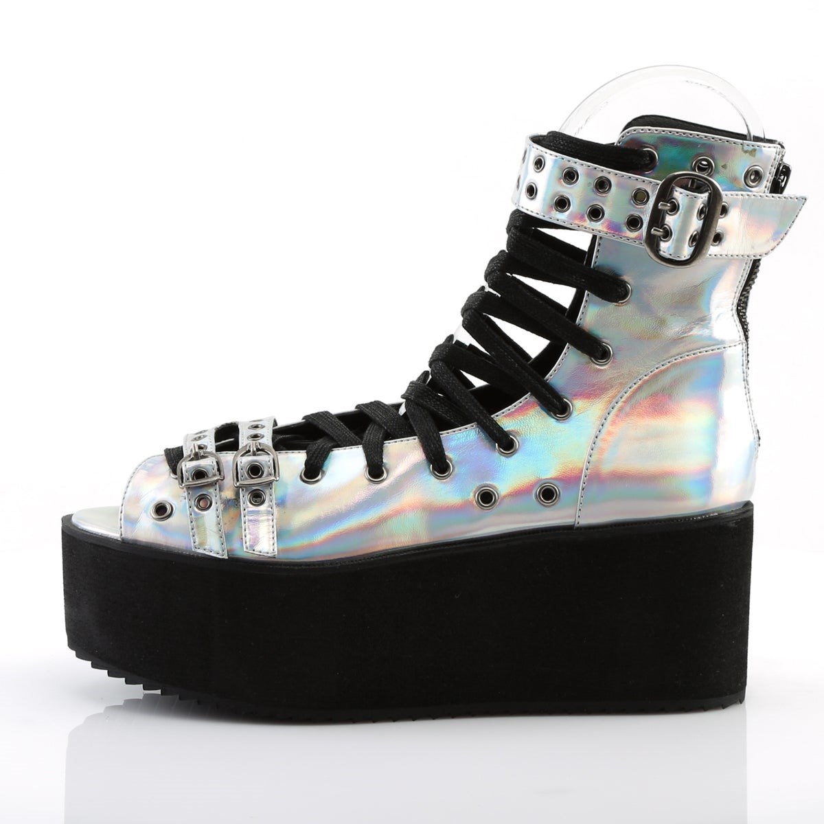 Silver Demonia Grip-105 Hologram Vegan Leather Women's Sandals | 37IVNM