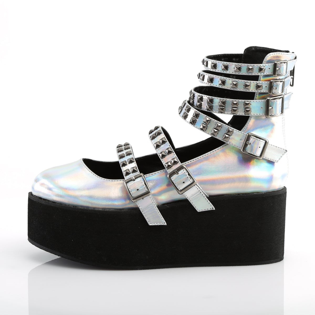 Silver Demonia Grip-31 Hologram Vegan Leather Women's Platform Shoes | 02ITPR