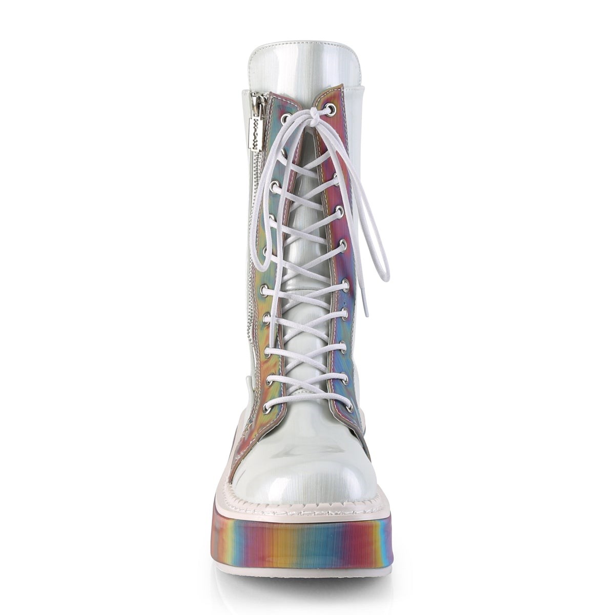 White Demonia Emily-350 Brushed Hologram Vegan Leather-Rainbow Reflective Women's Knee-high Boots | 37VLCF