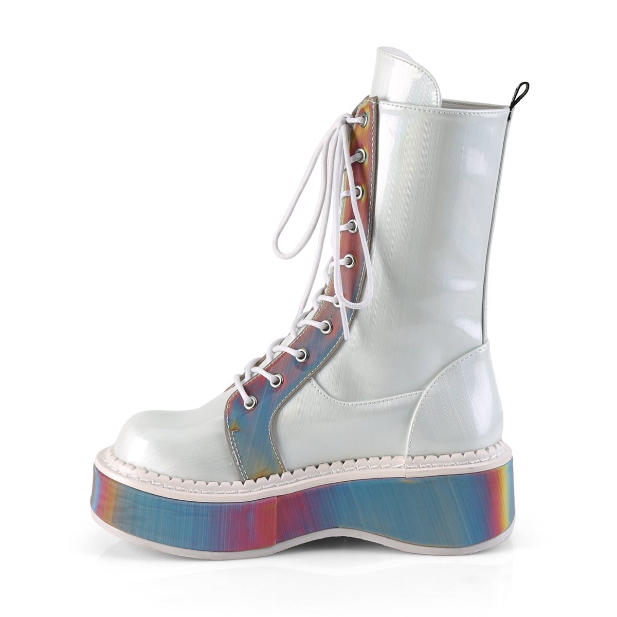 White Demonia Emily-350 Brushed Hologram Vegan Leather-Rainbow Reflective Women's Knee-high Boots | 37VLCF