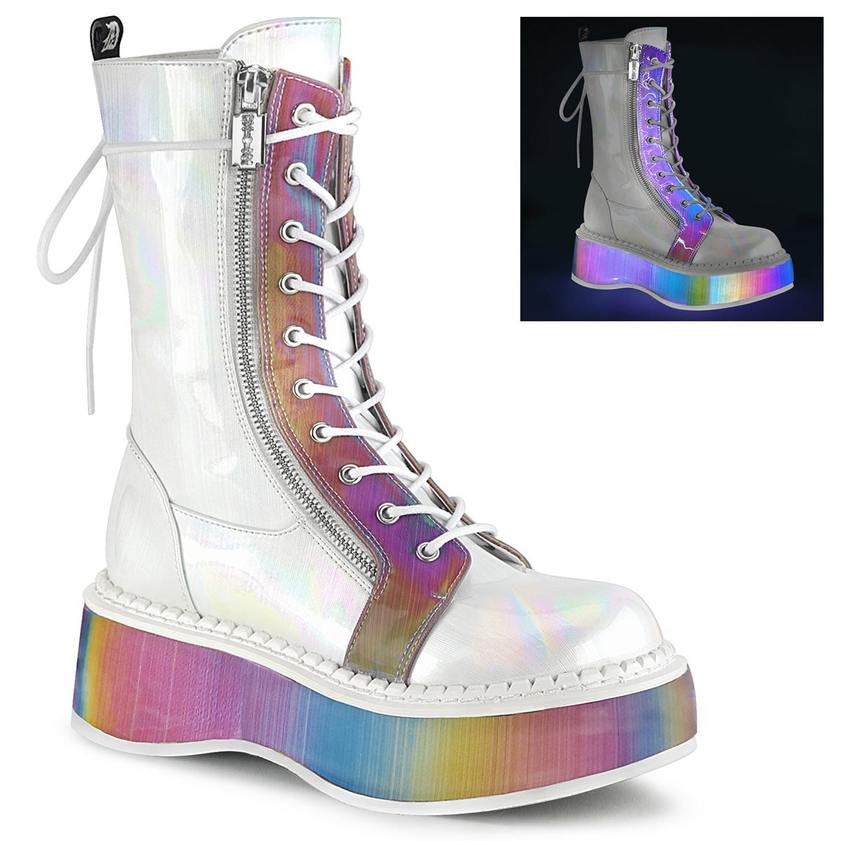 White Demonia Emily-350 Brushed Hologram Vegan Leather-Rainbow Reflective Women\'s Knee-high Boots | 37VLCF