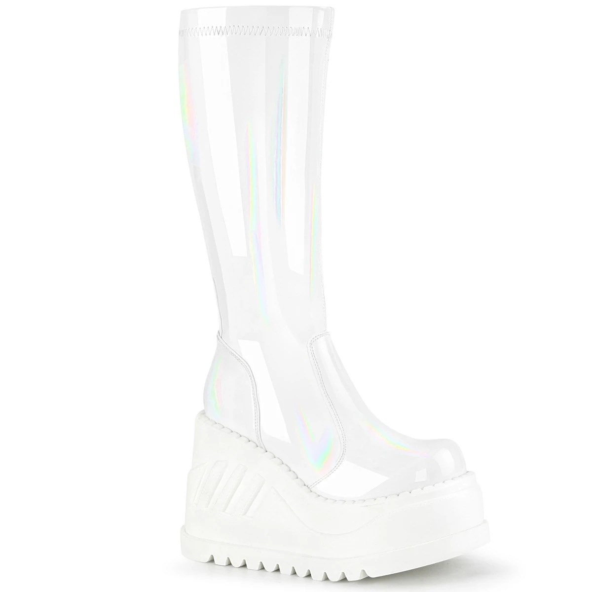 White Demonia Stomp-200 Hologram Stretch Patent Women\'s Ankle Boots | 87GJWL